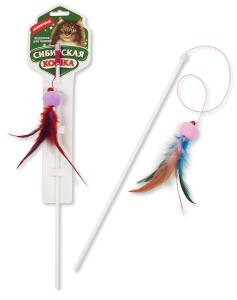 Дразнилка Сибирская Кошка Удочка шарик с перьями и погремушкой