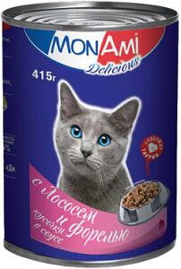 Монами конс. для кошек и котов кусочки в соусе Лосось и Форель 415г