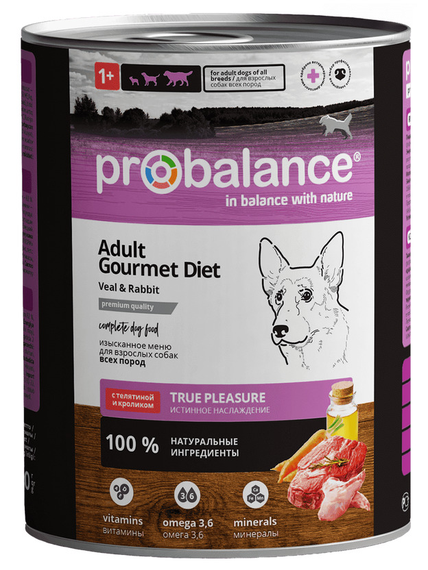 Консервированный корм для собак Probalance Gourmet Diet, с телятиной и кроликом, 850г